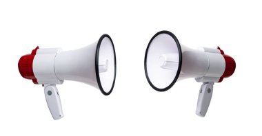Red and white megaphone isolated on white background with clipping path