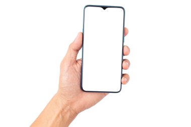 Boş ekran ile cep telefonu tutan el adamı kırpma yolu ile beyaz arkaplanda izole