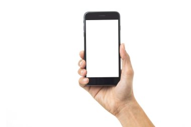 Boş ekran ile cep telefonu tutan el adamı kırpma yolu ile beyaz arkaplanda izole
