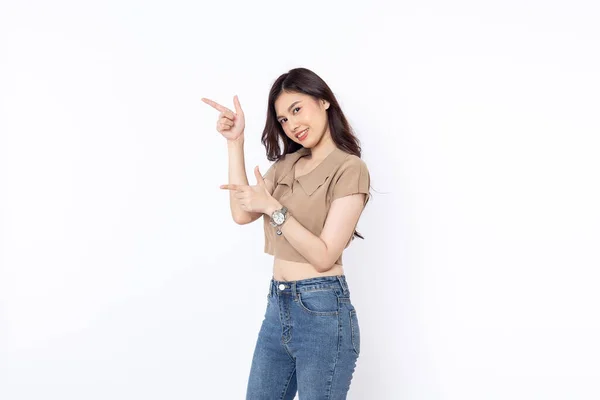 Portrait Happy Asian Woman Smiling Points Her Index Finger Empty — Stockfoto