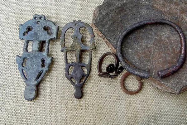 Ancient Bronze Jewelry Brooches Centuries Eastern Europe Early Slavs — Stock fotografie