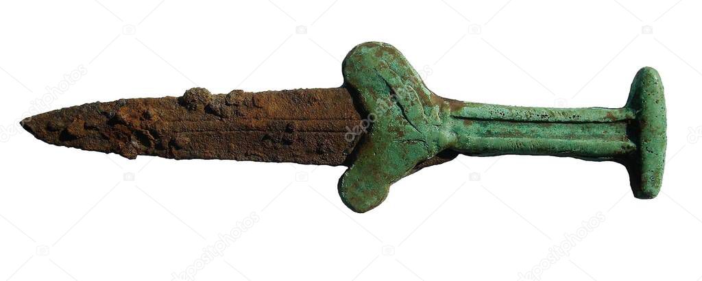 akinak, a Scythian short sword, a dagger with a bronze handle covered with a noble green patina of the Early Iron Age on a white background
