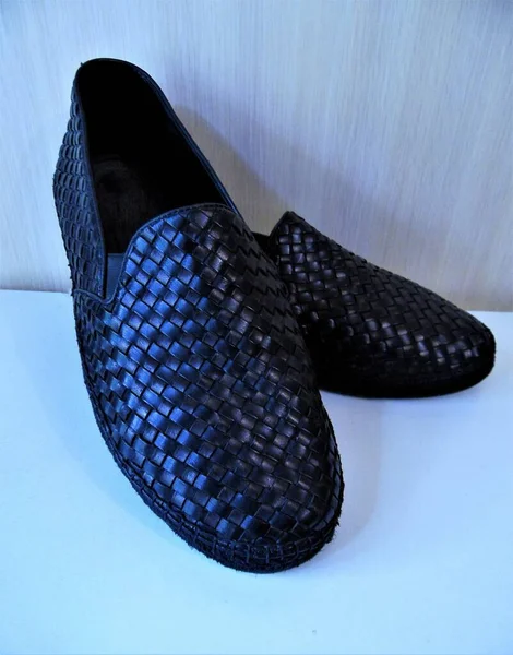 Men Shoes Loafers Made Interlaced Black Leather White Background — 图库照片