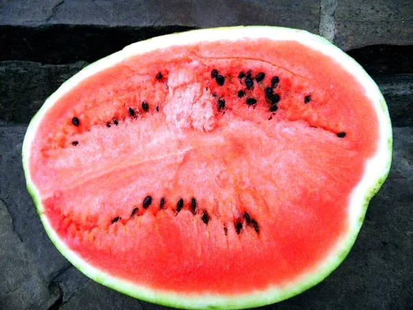 Red Ripe Big Watermelon Lies Stone Background Close — Fotografia de Stock