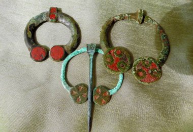 Bronze brooches with enamels of late antiquity, 3rd-4th centuries. AD, Eastern Europe, early Slavs, Antes