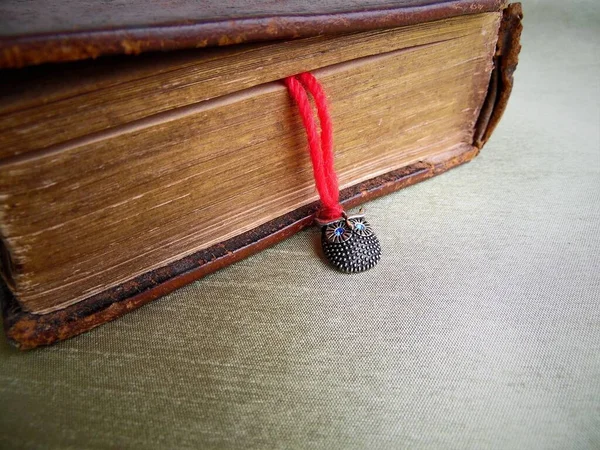 old leather-bound book with gilded pages and a bookmark in the form of a red thread with an owl pendant on a green fabric, close-up