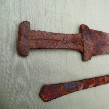 Hayvan stili saplı İskitli kılıç ve bıçak (MÖ 5-3 yüzyıl) bir ağaç kabuğunun arka planına karşı, akinak kılıcı