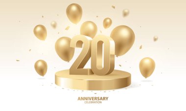 20. yıl dönümü kutlamaları. 3D altın rakamlar konfeti ve balonlarla podyumda.