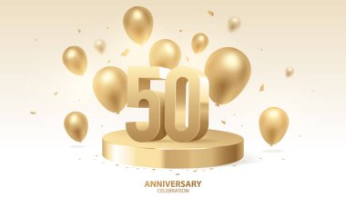 50. yıl dönümü kutlamaları. 3D altın rakamlar konfeti ve balonlarla podyumda.