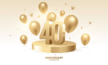 40. yıl dönümü kutlamaları. 3D altın rakamlar konfeti ve balonlarla podyumda.
