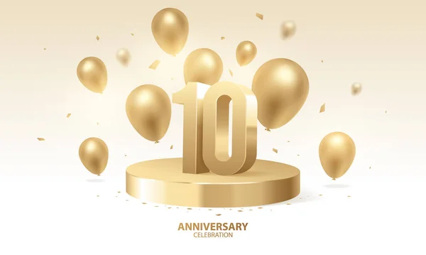 Tiende Verjaardag Viering Achtergrond Gouden Nummers Rond Podium Met Confetti — Stockvector
