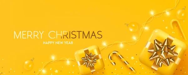 Mutlu Noeller Mutlu Yıllar Sarı Hediye Kutuları Noel Topu Şeker — Stok Vektör