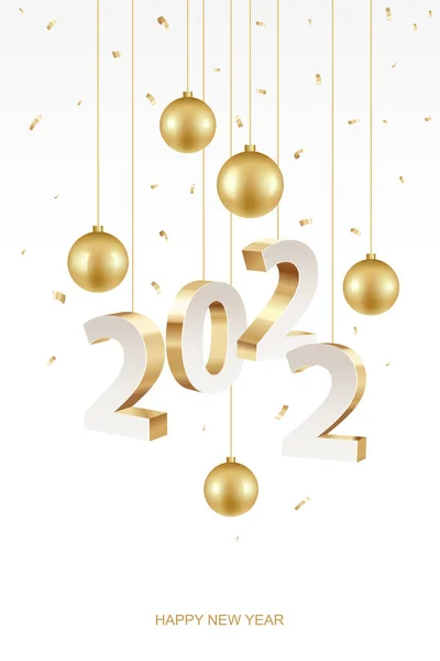 Καλή Χρονιά 2022 Χρυσοί Αριθμοί Χριστουγεννιάτικη Διακόσμηση Και Κομφετί Λευκό — Διανυσματικό Αρχείο