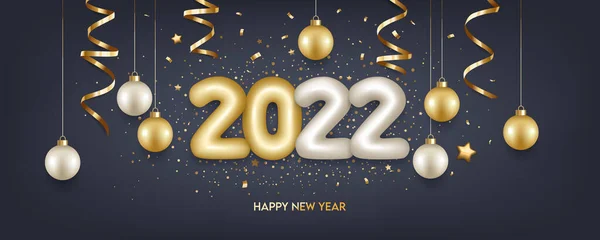 Feliz Año Nuevo 2022 Números Dorados Plateados Con Decoración Navideña — Vector de stock