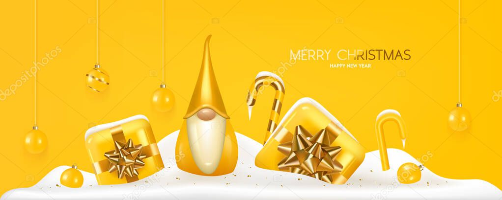 Merry Christmas and happy new year background. Yellow 3D gift boxes with Christmas ball, candy cane, Gnome and confetti in snow on a yellow background.