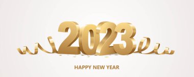 Mutlu yıllar 2023. Beyaz zemin üzerinde kurdele ve konfeti olan üç boyutlu altın rakamlar..