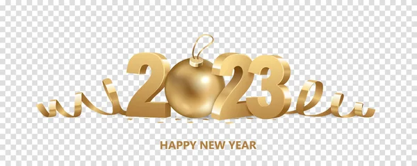 新年快乐2023 金色的3D数字 带有彩带 金色的圣诞球和彩礼 在透明的背景下隔离 — 图库矢量图片