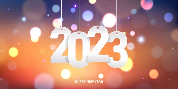Gelukkig Nieuwjaar 2023 Opknoping Wit Papier Nummer Een Kleurrijke Wazige — Stockvector