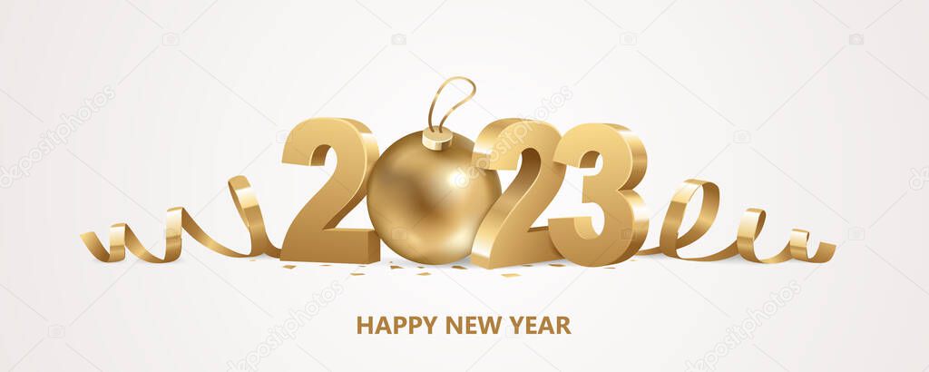 Happy New Year 2023. Golden 3D numbers with ribbons, Christmas ball and confetti on a white background.