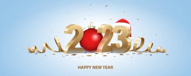 Happy New Year 2023. Golden 3D numbers with Santa hat, red Christmas ball and confetti on a light blue background.