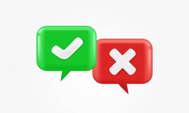 3B işaret simgesi tasarımını onayla ve reddet. Beyaz arkaplanda izole edilmiş 3D işaretini onayla ve iptal et. Vektör illüstrasyonu.