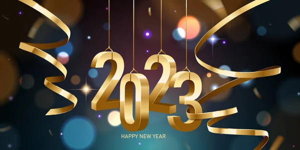 Happy New Year 2023 Hanging Golden Numbers Ribbons Confetti Defocused — 图库矢量图片