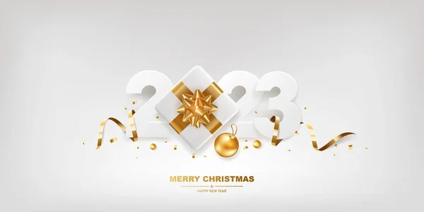 新年快乐2023 白纸号码 白色背景上有金色缎带 礼品盒和五彩纸屑 — 图库矢量图片