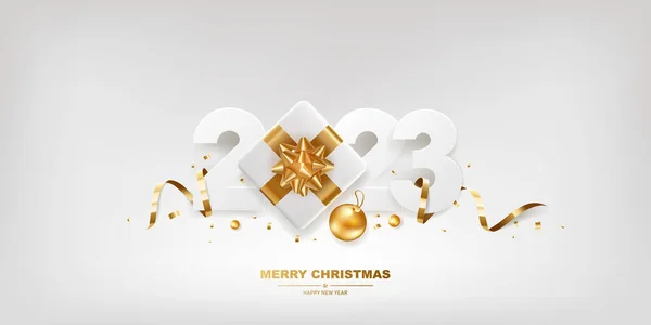 Happy New Year 2023 White Paper Numbers Golden Ribbons Gift — Vector de stoc