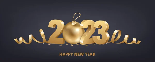 Happy New Year 2023 Golden Numbers Ribbons Christmas Ball Confetti — 图库矢量图片