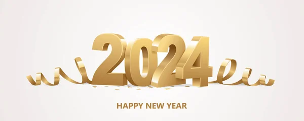 Happy New Year 2024 Golden Numbers Ribbons Confetti White Background — Stock vektor