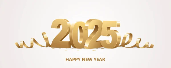 Happy New Year 2025 Golden Numbers Ribbons Confetti White Background — Stock vektor