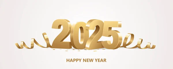 Mutlu yıllar 2025. Beyaz zemin üzerinde kurdele ve konfeti olan üç boyutlu altın rakamlar..