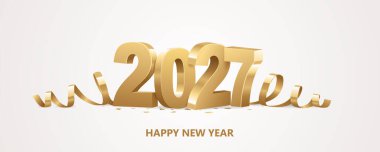 Happy New Year 2027. Golden 3D numbers with ribbons and confetti on a white background.