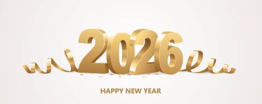 Happy New Year 2026. Golden 3D numbers with ribbons and confetti on a white background.