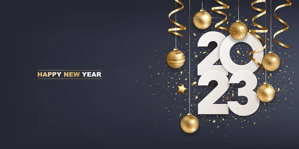 Gelukkig Nieuwjaar 2023 Witte Papieren Nummers Met Gouden Kerstversiering Confetti — Stockvector