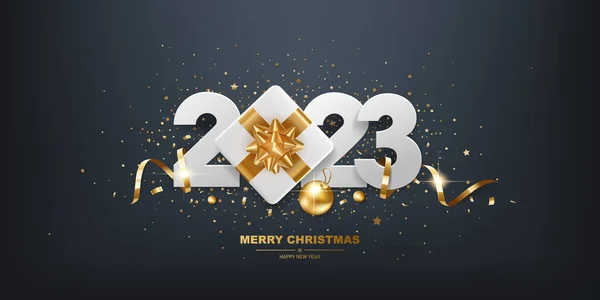 Happy New Year 2023 White Paper Numbers Golden Ribbons Gift — Vector de stock