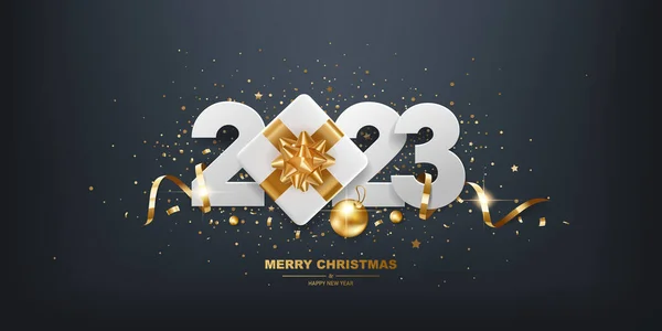 Happy New Year 2023 White Paper Numbers Golden Ribbons Gift — 图库矢量图片