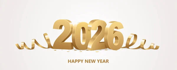 Happy New Year 2026 Golden Numbers Ribbons Confetti White Background — Image vectorielle