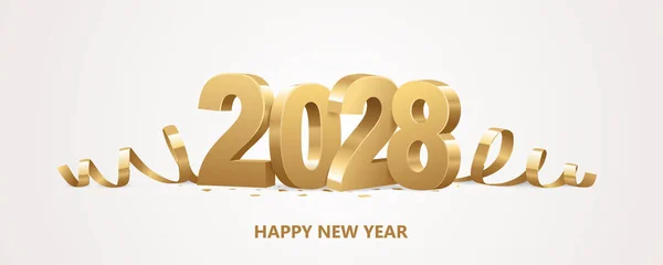 Happy New Year 2028 Golden Numbers Ribbons Confetti White Background — Διανυσματικό Αρχείο