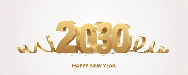 Happy New Year 2030 Golden Numbers Ribbons Confetti White Background — Stockvector