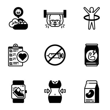 Fitness and healthy semi solid icon set.