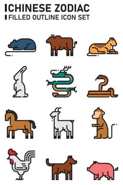 Çin burcu ana hatları doldurulmuş simge seti.