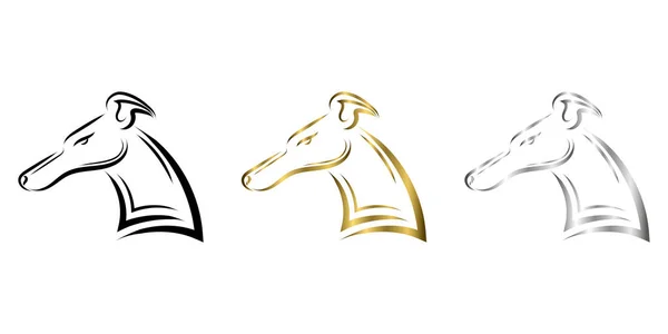 Schwarzes Gold Und Silberne Linienkunst Des Windhundkopfes — Stockvektor