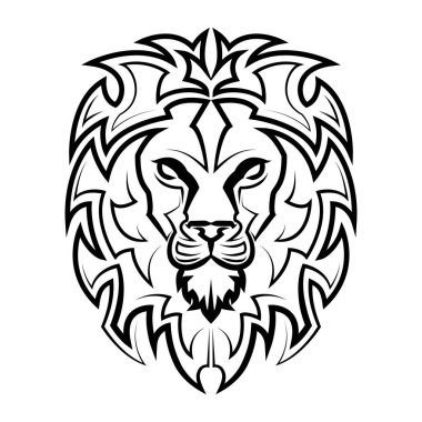 Aslan kafasının önündeki siyah beyaz çizgi sanatı leo zodiac sembolü. Sembol maskotu avatar dövmesi T-Shirt tasarım logosu ya da herhangi bir tasarım için iyi bir kullanım alanı.