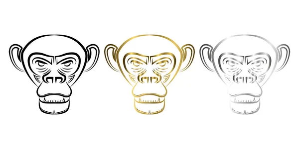 チンパンジーの頭の3色の黒金と銀のラインアートシンボルマスコットのアイコンのアバタータトゥーのための良い使用Tシャツのデザインのロゴや任意のデザイン — ストックベクタ