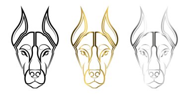 Üç renkli siyah altın ve gümüş çizgili Doberman Pinscher köpek kafası sembolü, maskot simgesi avatar dövmesi T-Shirt tasarım logosu ya da istediğiniz herhangi bir tasarım için kullanılabilir.