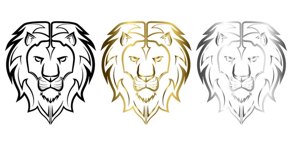 Three Color Black Gold Silver Line Art Front Lion Head — Stock Vector