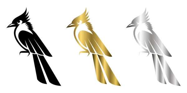 小さな美しい鳥の白い背景に3色の黒金と銀のベクトルのイラスト — ストックベクタ