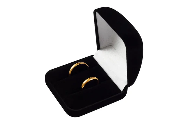 Esküvő gyűrű, egy ajándék doboz elszigetelt fehér background — Stock Fotó