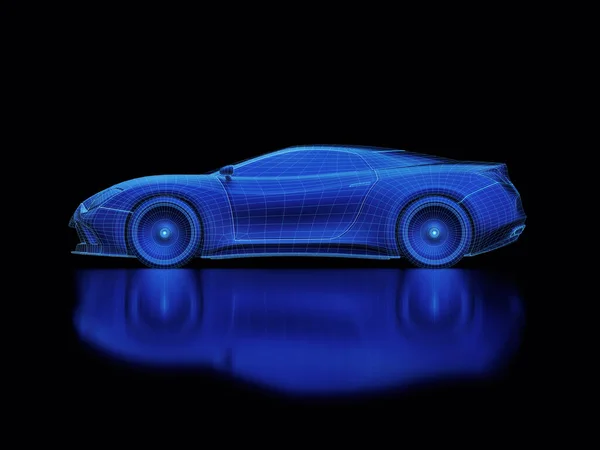 3Dソフトウェアで作られたスポーツカー青写真の概念 プロトタイプと空力テストの概念イメージ クリップパスが含まれています — ストック写真